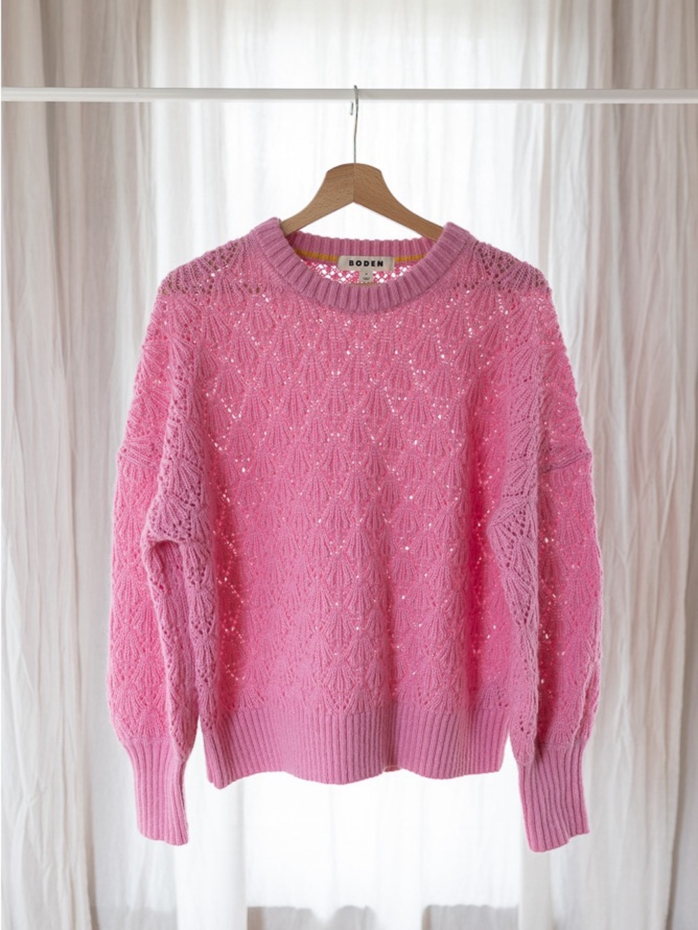Boden Bubblegum Pink Open-Knit Crewneck Sweater